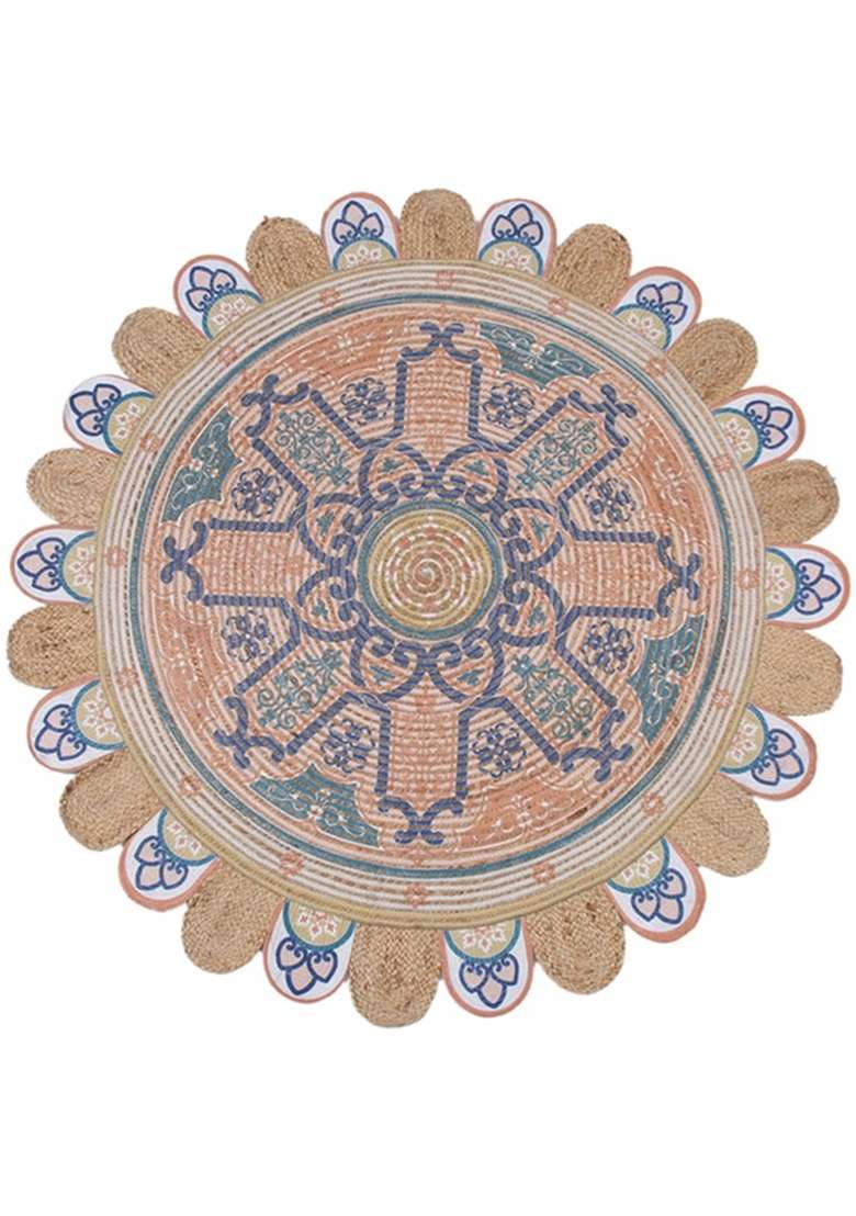 Saffron Rugs Flat Woven Natural Jute Area Rug | Natural Beige Multicolor Round Rug | Bohemian Geometric Home Decor Carpet for Living Room Bedroom - Indya