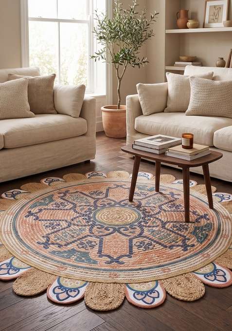 100% Jute Braided Natural Beige Multicolor Rug | Bohemian Geometric Round Flat Woven Reversible Carpet For Living Room