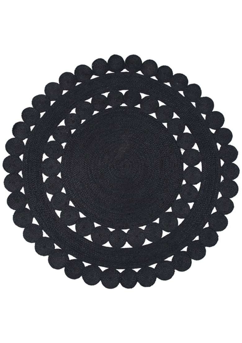 Saffron Rugs Flat Woven Natural Jute Area Rug | Charcoal Black Round Rug | Bohemian Braided Home Decor Carpet for Living Room Bedroom - Indya