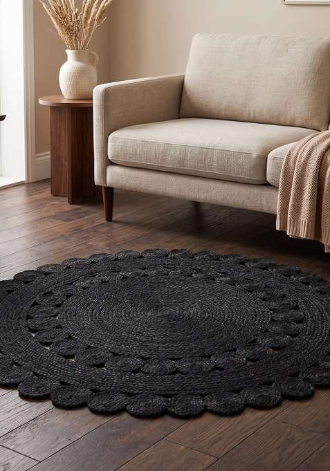 100% Jute Braided Charcoal Black Rug | Bohemian Braided Round Flat Woven Reversible Carpet For Living Room