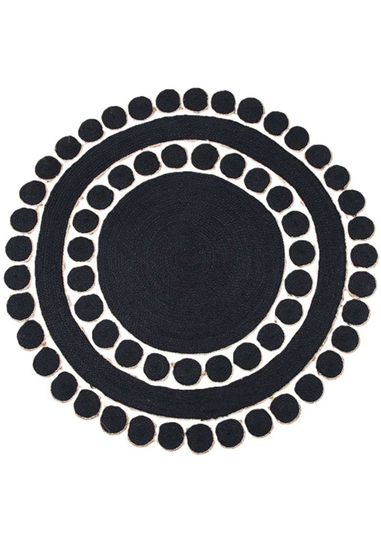 Saffron Rugs Flat Woven Natural Jute Area Rug | Black Round Rug | Bohemian Geometric Home Decor Carpet for Living Room Bedroom - Indya