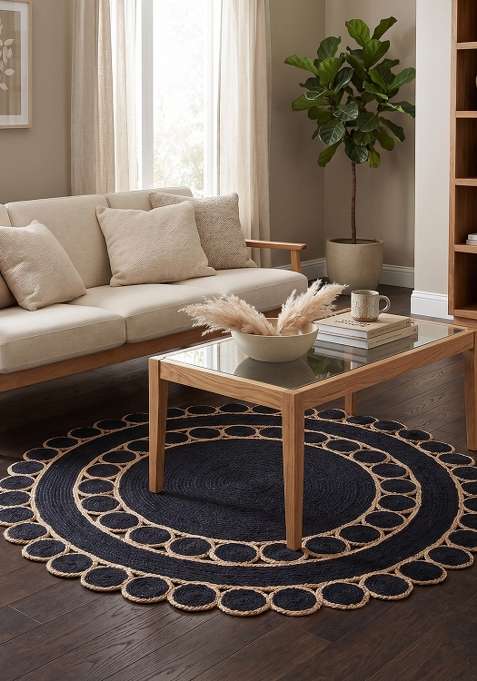 100% Jute Braided Black Rug | Bohemian Geometric Round Flat Woven Reversible Carpet For Living Room