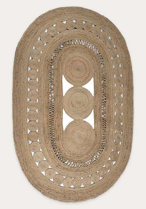 100% Jute Braided Natural Beige Rug | Bohemian Geometric Oval Flat Woven Reversible Carpet For Living Room