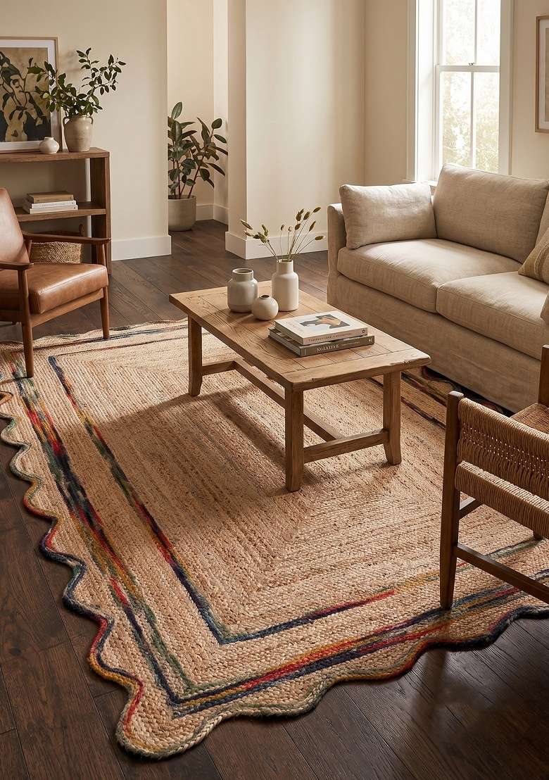 Saffron Rugs Flat Woven Natural Jute Area Rug | Natural Beige Scalloped Rug | Bohemian Geometric Home Decor Carpet for Living Room Bedroom - Indya