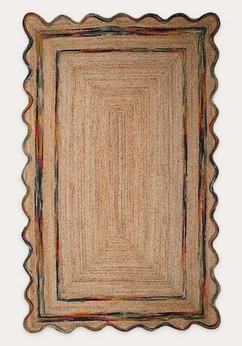 100% Jute Braided Natural Beige Rug | Bohemian Geometric Scalloped Flat Woven Reversible Carpet For Living Room