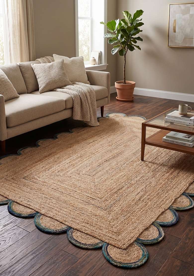 Saffron Rugs Flat Woven Natural Jute Area Rug | Natural Beige Scalloped Rug | Bohemian Geometric Home Decor Carpet for Living Room Bedroom - Indya