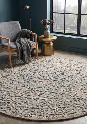 Saffron Rugs Hand Tufted Wool Area Rug | Warm Grey Round Rug | Cotton Backing | Contemporary Swirls Home Decor Carpet for Living Room Bedroom