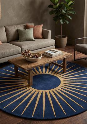 Saffron Rugs Tufted Wool Area Rug | Midnight Blue Round Rug | Cotton Backing | Contemporary Geometric Home Decor Carpet for Living Room Bedroom