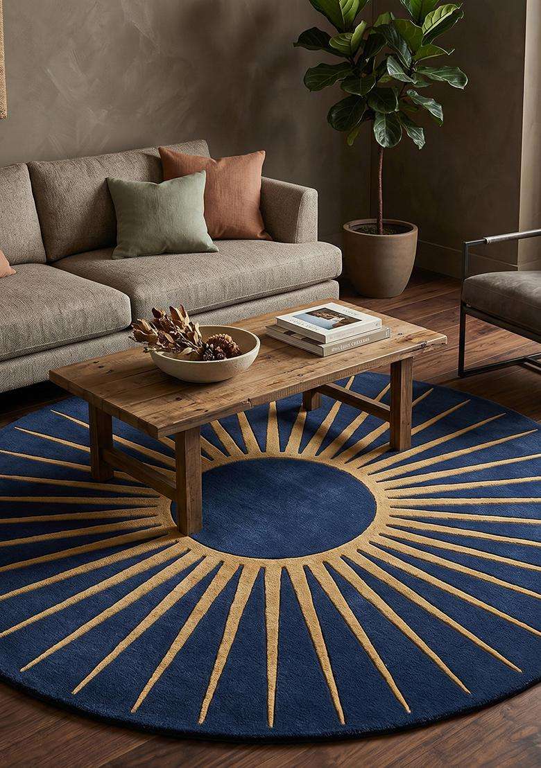 100% Wool Handmade Blue Rug | Contemporary Geometric Round Carpet With Cotton Backing For Living Room | Bedroom - Indya
