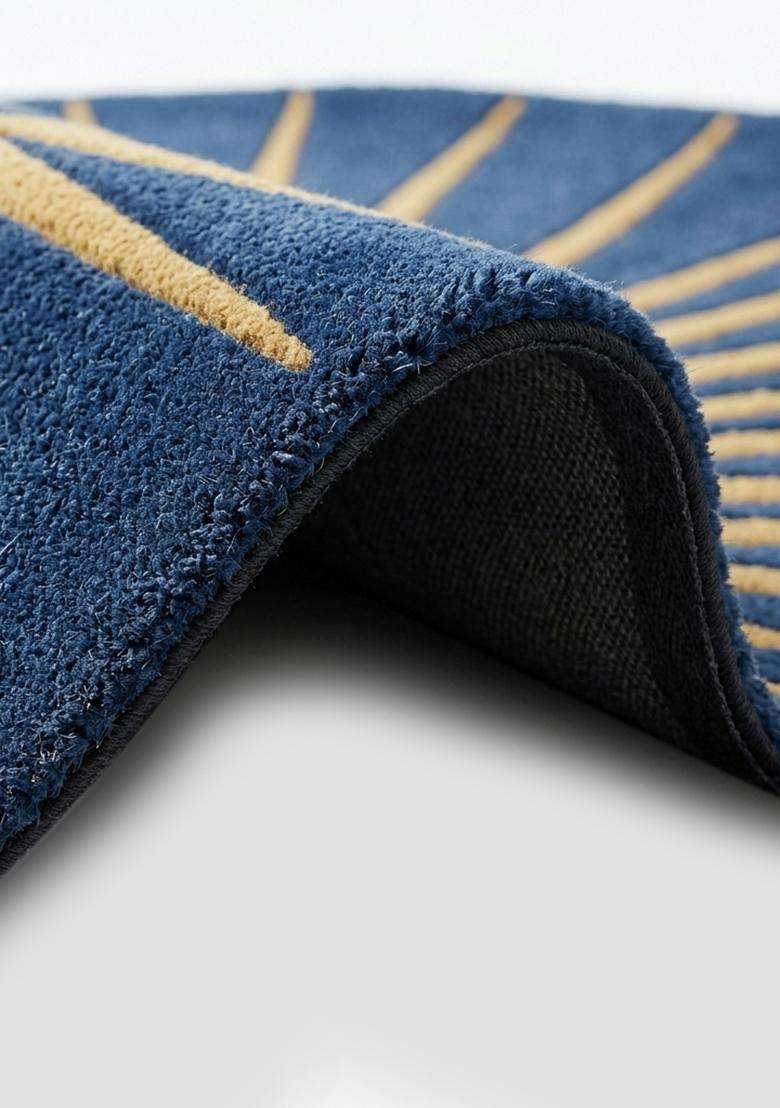 100% Wool Handmade Blue Rug | Contemporary Geometric Round Carpet With Cotton Backing For Living Room | Bedroom - Indya