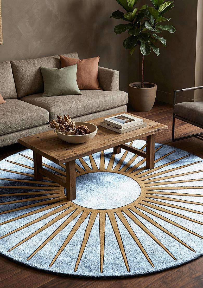 100% Wool Handmade Blue Rug | Contemporary Geometric Round Carpet With Cotton Backing For Living Room | Bedroom - Indya