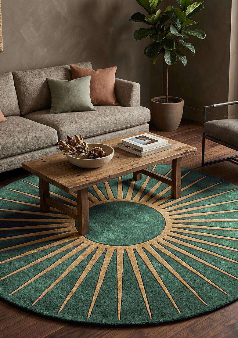 Saffron Rugs Emerald Green Contemporary Geometric Hand Tufted Wool Round Rug - Indya