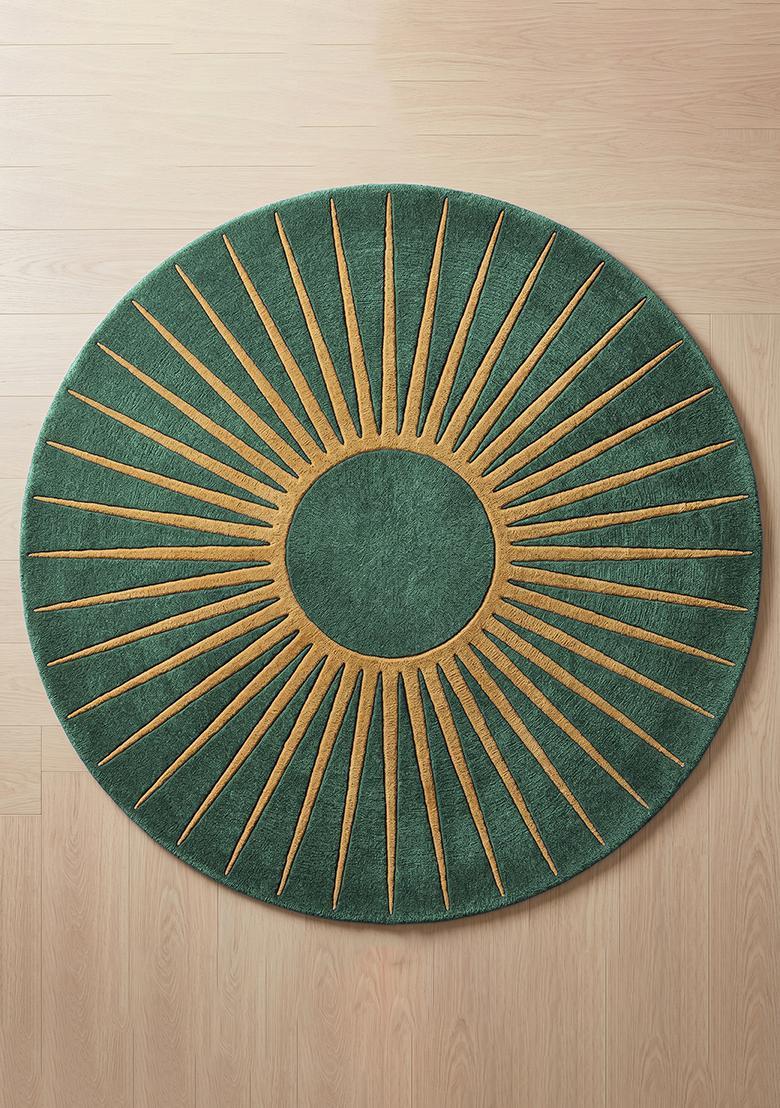 Saffron Rugs Tufted Wool Area Rug | Emerald Green Round Rug | Cotton Backing | Contemporary Geometric Home Decor Carpet for Living Room Bedroom - Indya