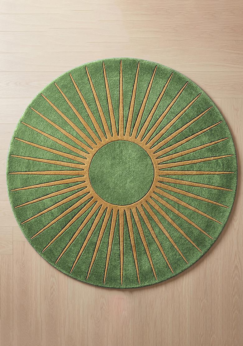 Saffron Rugs Tufted Wool Area Rug | Olive Green Round Rug | Cotton Backing | Contemporary Geometric Home Decor Carpet for Living Room Bedroom - Indya