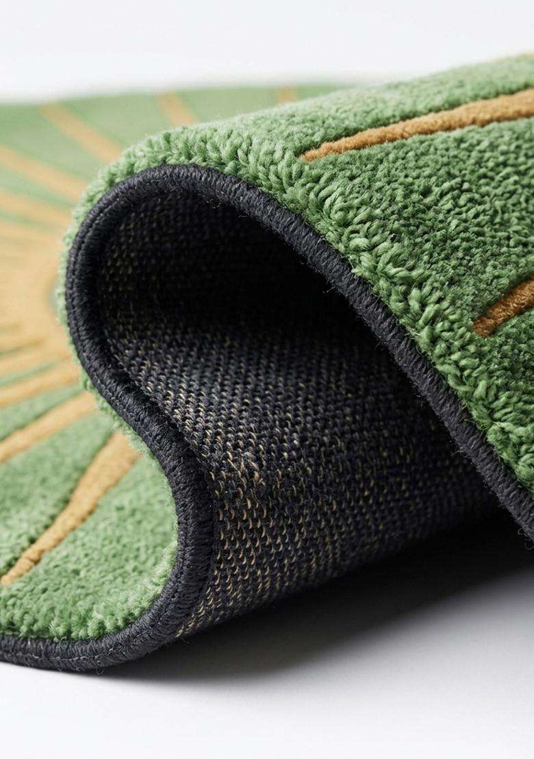 100% Wool Handmade Green Rug | Contemporary Geometric Round Carpet With Cotton Backing For Living Room | Bedroom - Indya