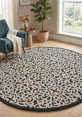 Saffron Rugs Hand Tufted Wool Area Rug | Black Round Rug | Cotton Backing | Contemporary Swirls Home Decor Carpet for Living Room Bedroom
