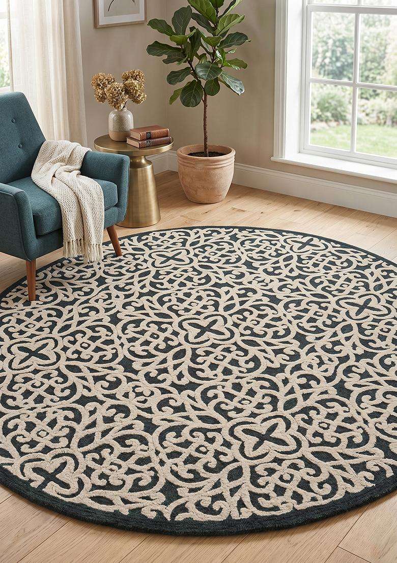 Saffron Rugs Black Contemporary Swirl Hand Tufted Wool Round Rug - Indya