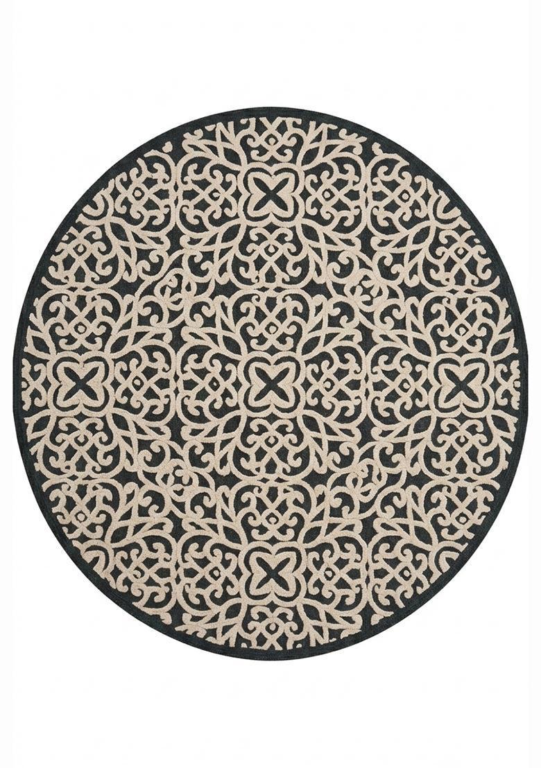 Saffron Rugs Hand Tufted Wool Area Rug | Black Round Rug | Cotton Backing | Contemporary Swirls Home Decor Carpet for Living Room Bedroom - Indya