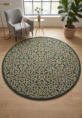 Saffron Rugs Hand Tufted Wool Area Rug | Forest Green Round Rug | Cotton Backing | Contemporary Swirls Home Decor Carpet for Living Room Bedroom