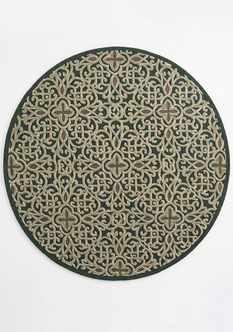 Saffron Rugs Hand Tufted Wool Area Rug | Forest Green Round Rug | Cotton Backing | Contemporary Swirls Home Decor Carpet for Living Room Bedroom - Indya