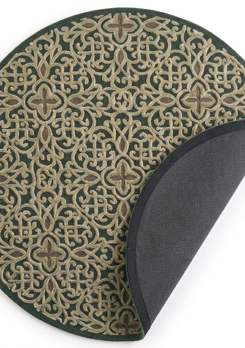 Saffron Rugs Forest Green Contemporary Swirl Hand Tufted Wool Round Rug - Indya