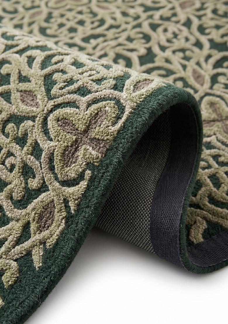 Saffron Rugs Hand Tufted Wool Area Rug | Forest Green Round Rug | Cotton Backing | Contemporary Swirls Home Decor Carpet for Living Room Bedroom - Indya