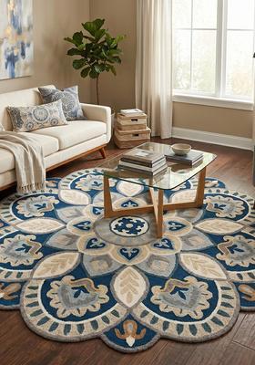 Saffron Rugs Hand Tufted Wool Area Rug | Blue Beige Round Rug | Cotton Backing | Moroccan Floral Home Decor Carpet for Living Room Bedroom