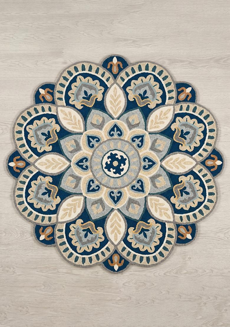 Saffron Rugs Hand Tufted Wool Area Rug | Blue Beige Round Rug | Cotton Backing | Moroccan Floral Home Decor Carpet for Living Room Bedroom - Indya