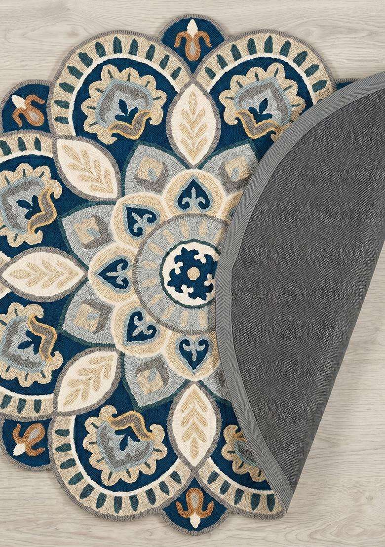 Saffron Rugs Blue Beige Moroccan Floral Hand Tufted Wool Round Rug - Indya