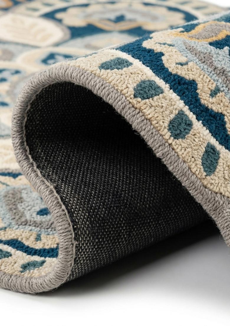 Saffron Rugs Hand Tufted Wool Area Rug | Blue Beige Round Rug | Cotton Backing | Moroccan Floral Home Decor Carpet for Living Room Bedroom - Indya