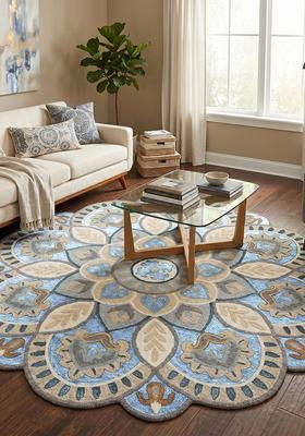 Saffron Rugs Hand Tufted Wool Area Rug | Light Blue Beige Round Rug | Cotton Backing | Moroccan Floral Home Decor Carpet for Living Room Bedroom