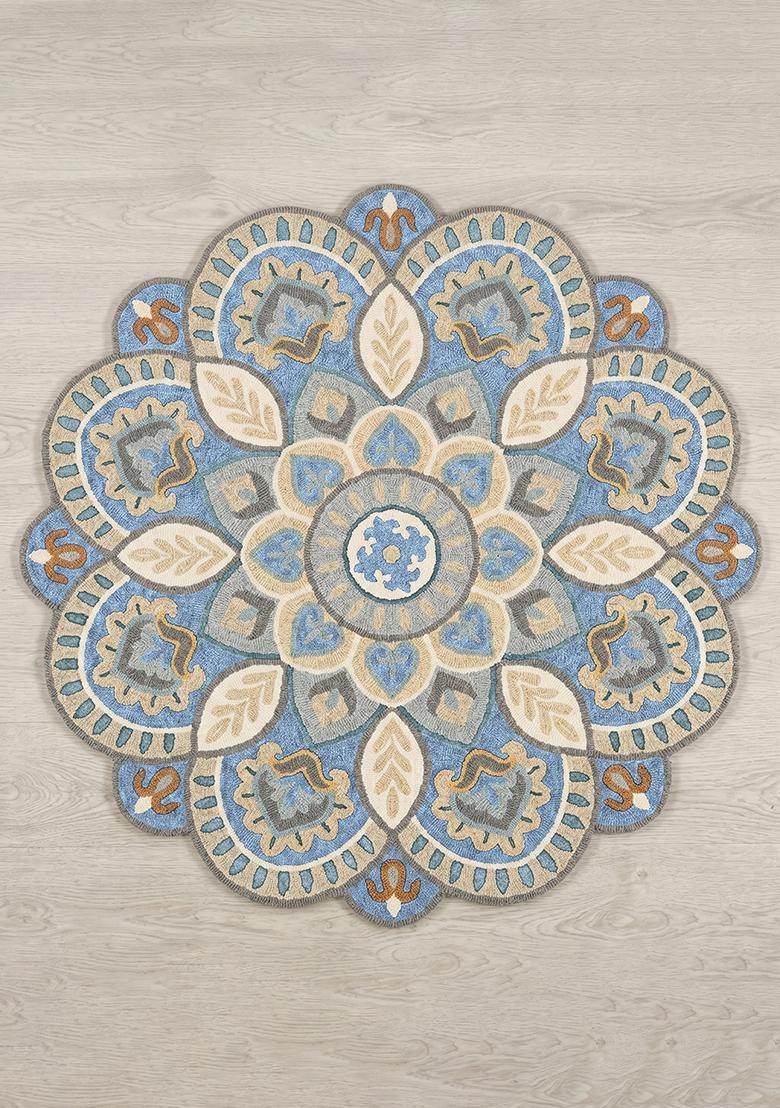 Saffron Rugs Hand Tufted Wool Area Rug | Light Blue Beige Round Rug | Cotton Backing | Moroccan Floral Home Decor Carpet for Living Room Bedroom - Indya