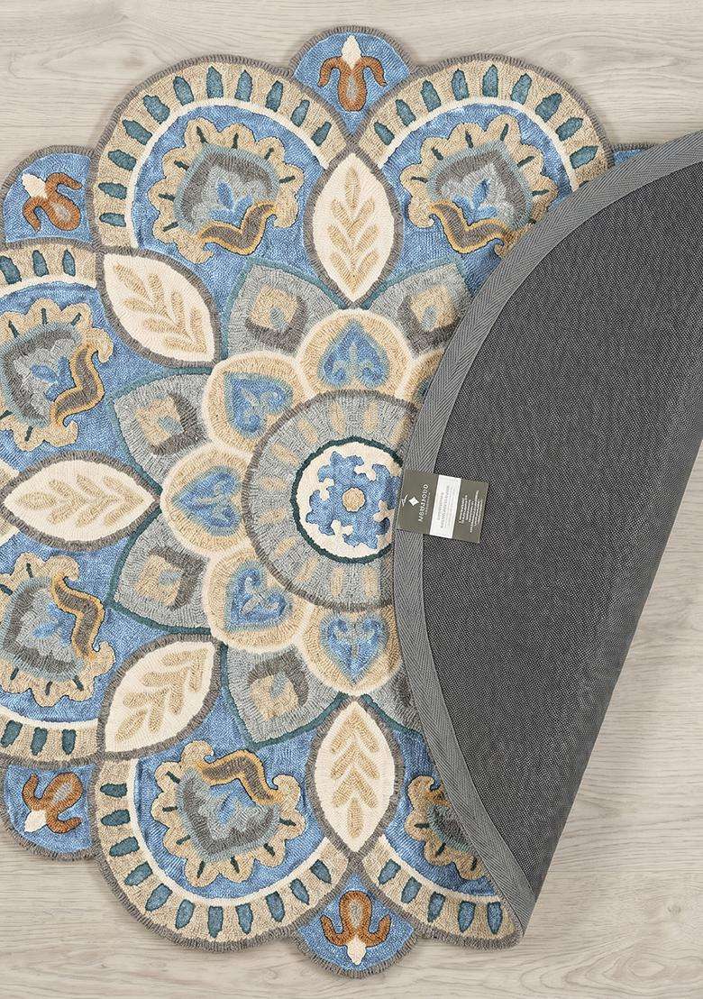Saffron Rugs Light Blue Beige Moroccan Floral Hand Tufted Wool Round Rug - Indya