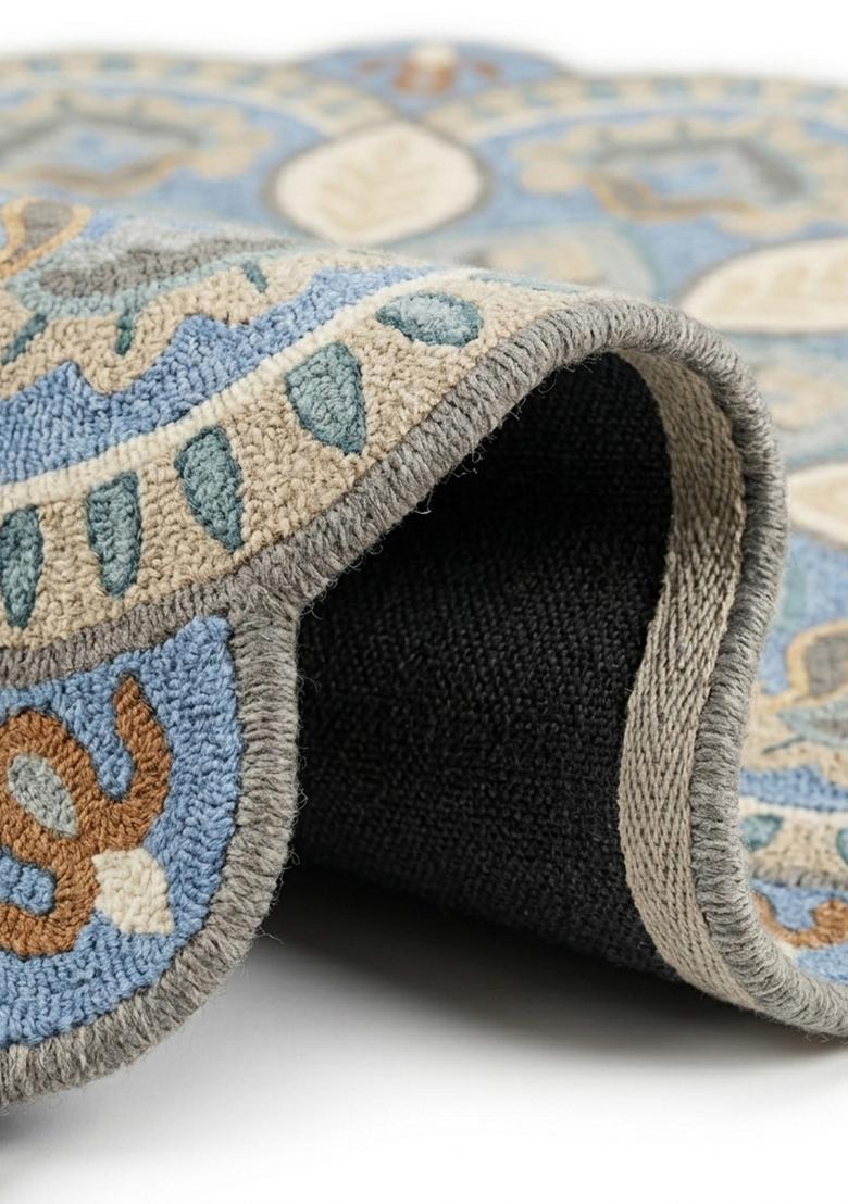 Saffron Rugs Hand Tufted Wool Area Rug | Light Blue Beige Round Rug | Cotton Backing | Moroccan Floral Home Decor Carpet for Living Room Bedroom - Indya
