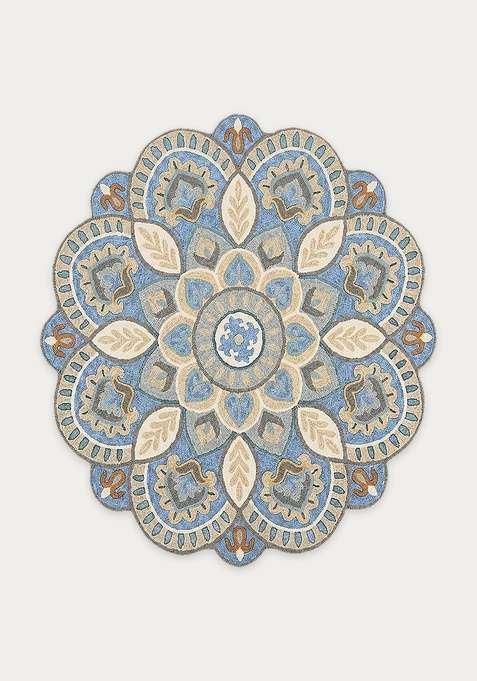 100% Wool Handmade Blue Rug | Moroccan Floral Round Carpet With Cotton Backing For Living Room | Bedroom