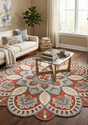 Saffron Rugs Hand Tufted Wool Area Rug | Terracotta Beige Round Rug | Cotton Backing | Moroccan Floral Home Decor Carpet for Living Room Bedroom