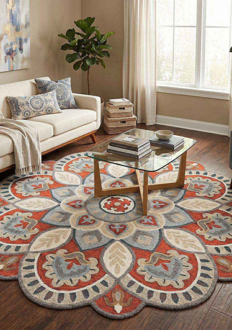 Saffron Rugs Terracotta Beige Moroccan Floral Hand Tufted Wool Round Rug - Indya