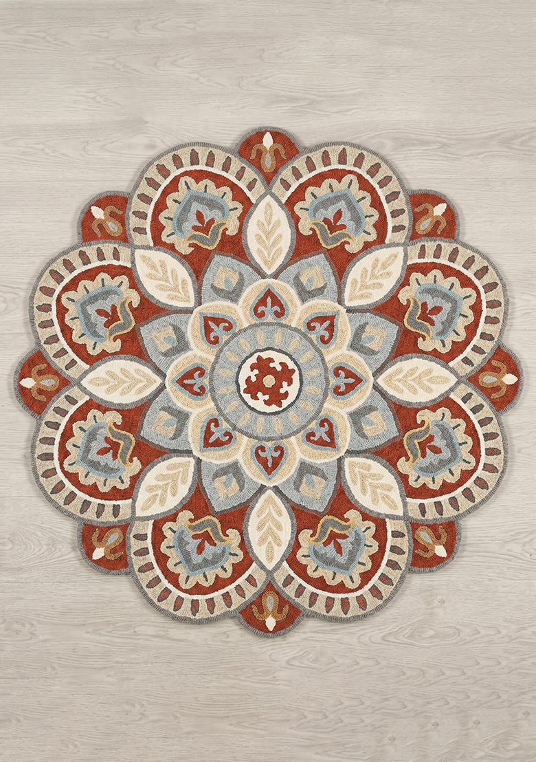 Saffron Rugs Hand Tufted Wool Area Rug | Terracotta Beige Round Rug | Cotton Backing | Moroccan Floral Home Decor Carpet for Living Room Bedroom - Indya