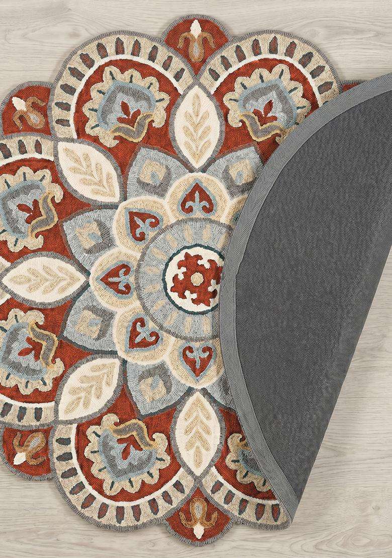 Saffron Rugs Terracotta Beige Moroccan Floral Hand Tufted Wool Round Rug - Indya