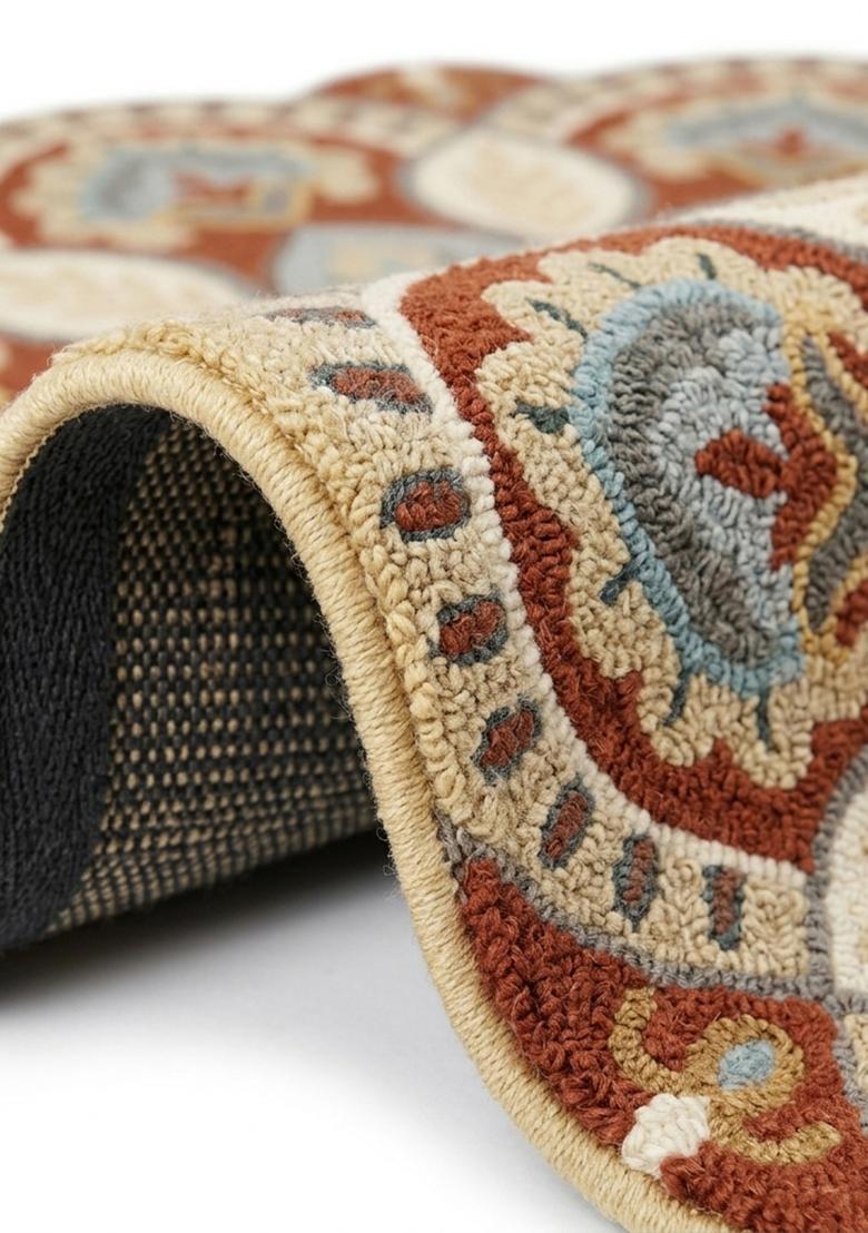Saffron Rugs Hand Tufted Wool Area Rug | Terracotta Beige Round Rug | Cotton Backing | Moroccan Floral Home Decor Carpet for Living Room Bedroom - Indya