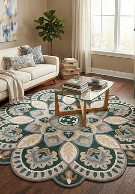 Saffron Rugs Hand Tufted Wool Area Rug | Emerald Beige Round Rug | Cotton Backing | Moroccan Floral Home Decor Carpet for Living Room Bedroom
