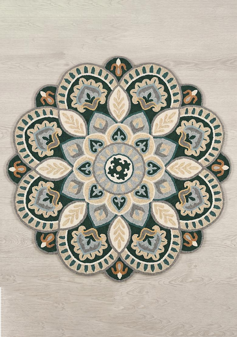 Saffron Rugs Hand Tufted Wool Area Rug | Emerald Beige Round Rug | Cotton Backing | Moroccan Floral Home Decor Carpet for Living Room Bedroom - Indya