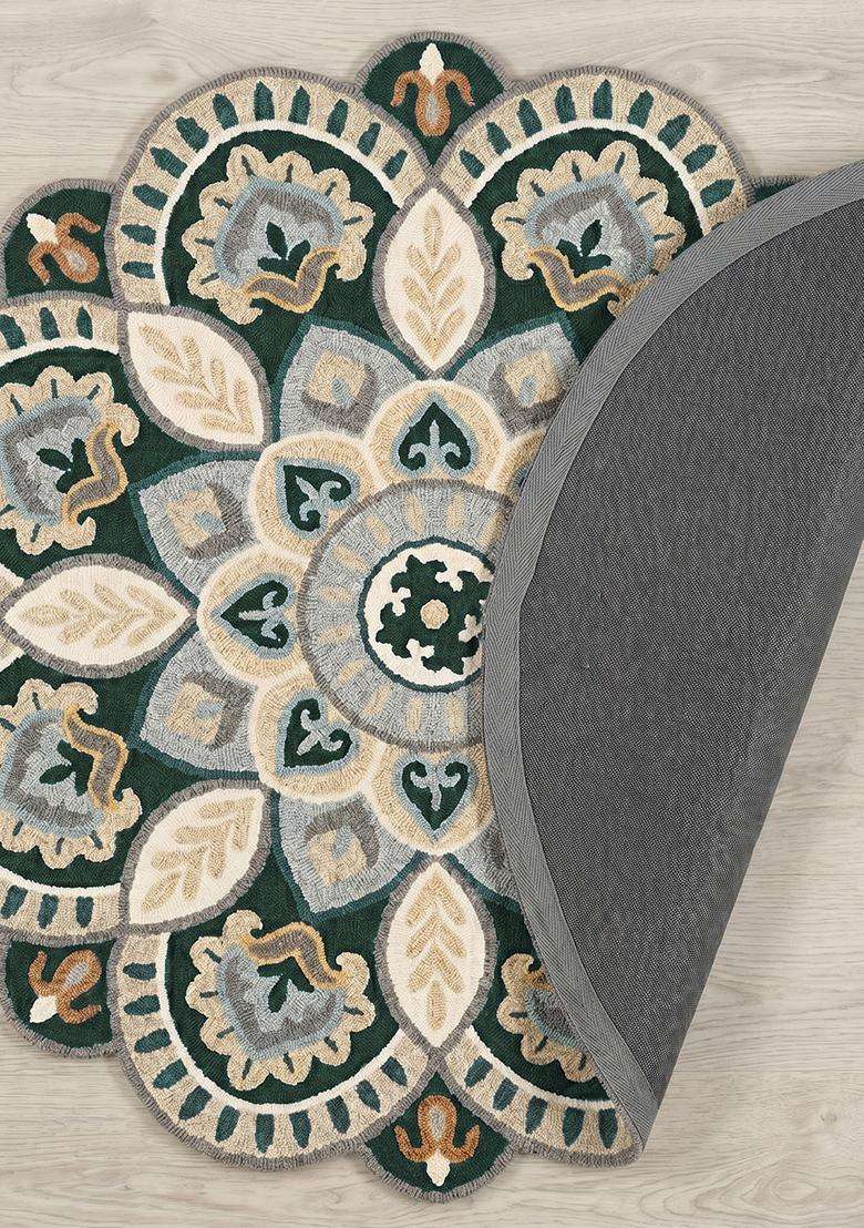 Saffron Rugs Emerald Beige Moroccan Floral Hand Tufted Wool Round Rug - Indya