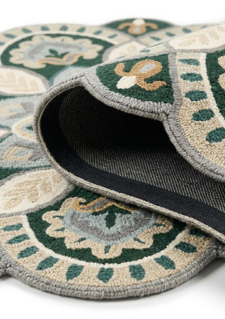 Saffron Rugs Hand Tufted Wool Area Rug | Emerald Beige Round Rug | Cotton Backing | Moroccan Floral Home Decor Carpet for Living Room Bedroom - Indya