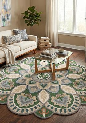 Saffron Rugs Hand Tufted Wool Area Rug | Lime Beige Round Rug | Cotton Backing | Moroccan Floral Home Decor Carpet for Living Room Bedroom