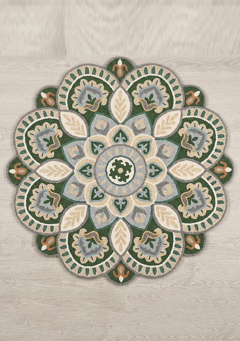Saffron Rugs Hand Tufted Wool Area Rug | Lime Beige Round Rug | Cotton Backing | Moroccan Floral Home Decor Carpet for Living Room Bedroom - Indya