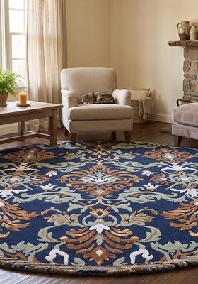 Saffron Rugs Hand Tufted Wool Area Rug | Navy Blue Round Rug | Cotton Backing | Old World Floral Home Decor Carpet for Living Room Bedroom