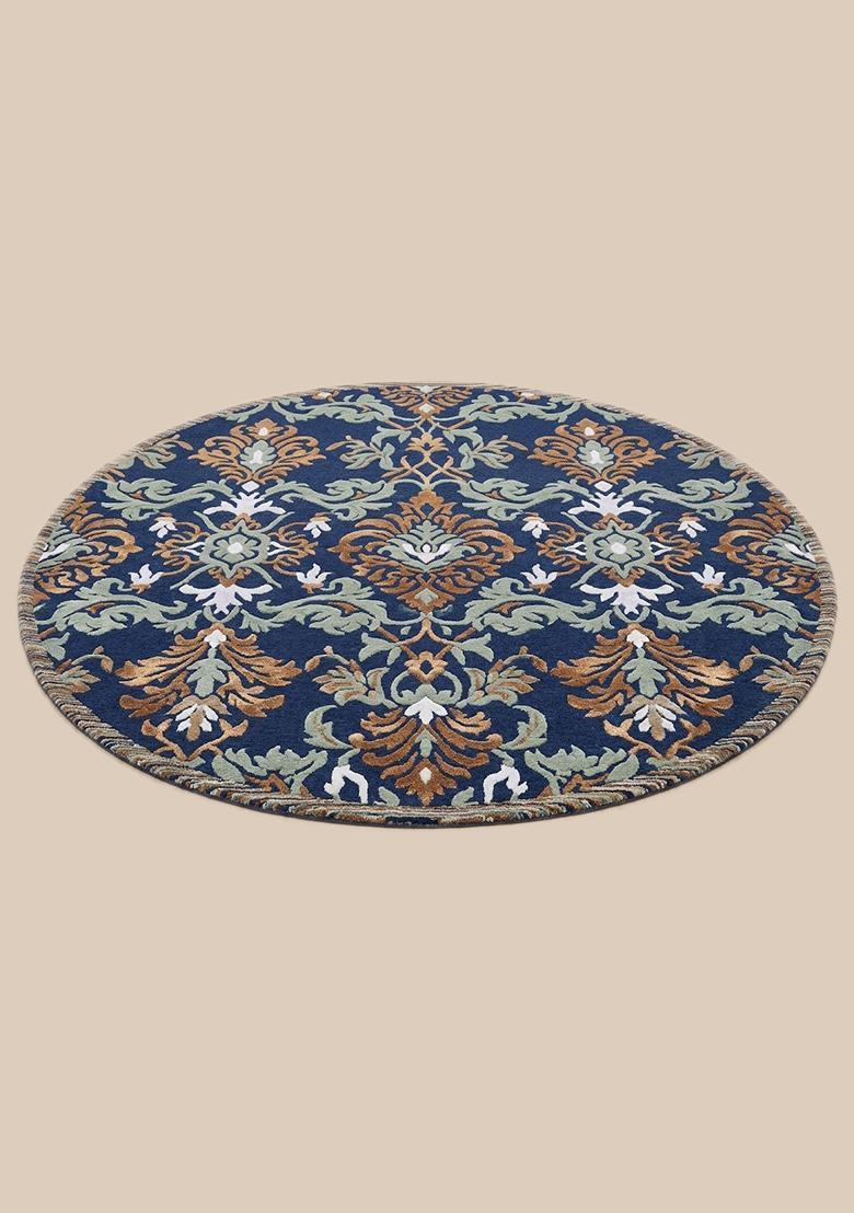 Saffron Rugs Hand Tufted Wool Area Rug | Navy Blue Round Rug | Cotton Backing | Old World Floral Home Decor Carpet for Living Room Bedroom - Indya