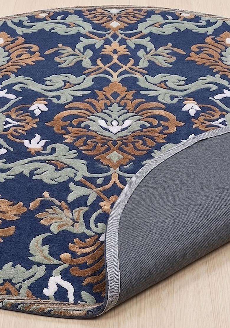 100% Wool Handmade Blue Rug | Floral Round Carpet With Cotton Backing For Living Room | Bedroom - Indya