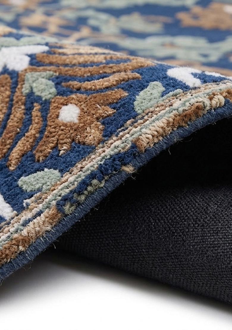 Saffron Rugs Hand Tufted Wool Area Rug | Navy Blue Round Rug | Cotton Backing | Old World Floral Home Decor Carpet for Living Room Bedroom - Indya